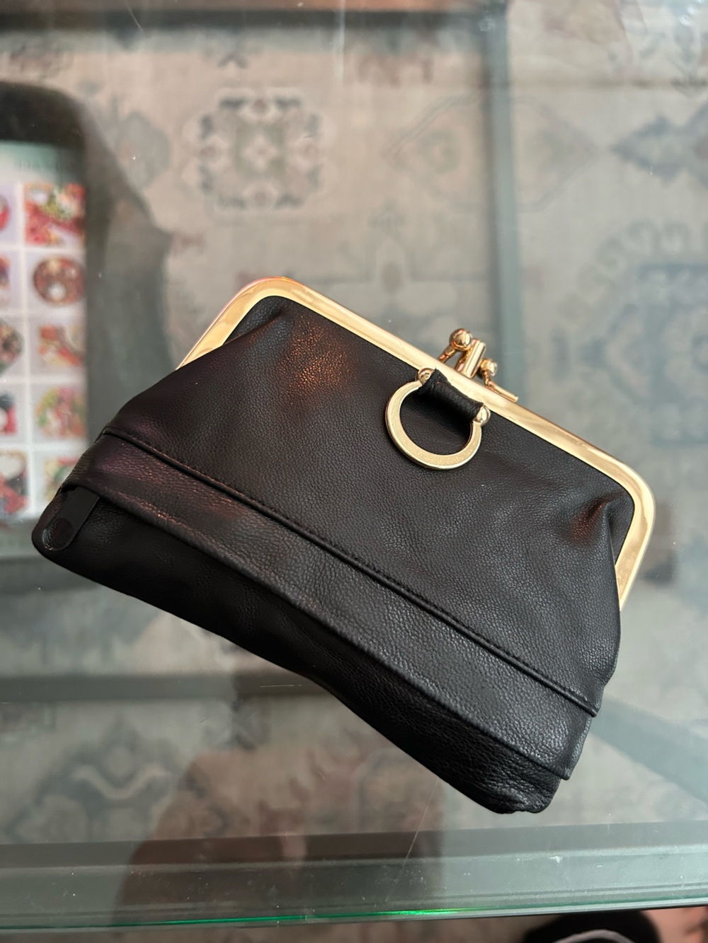 NEW Black Leather Clasp Frame Wallet with Gold Ring Accent